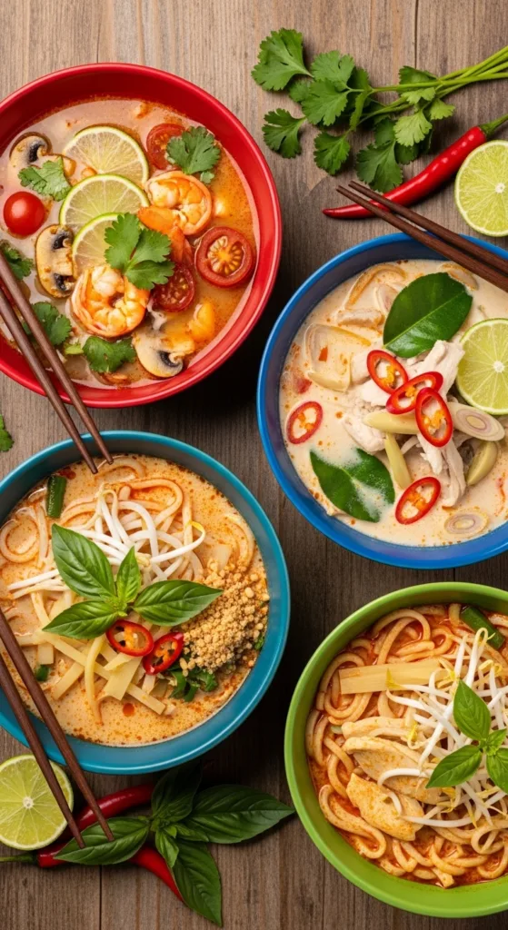 Thai soup recipes with tom yum and coconut curry soup bowls
