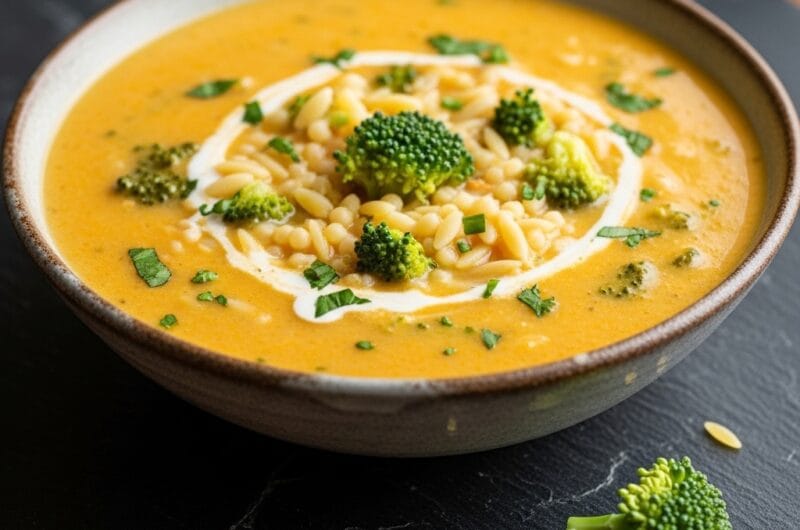 Quick & Easy Creamy Broccoli Cheddar Orzo Soup