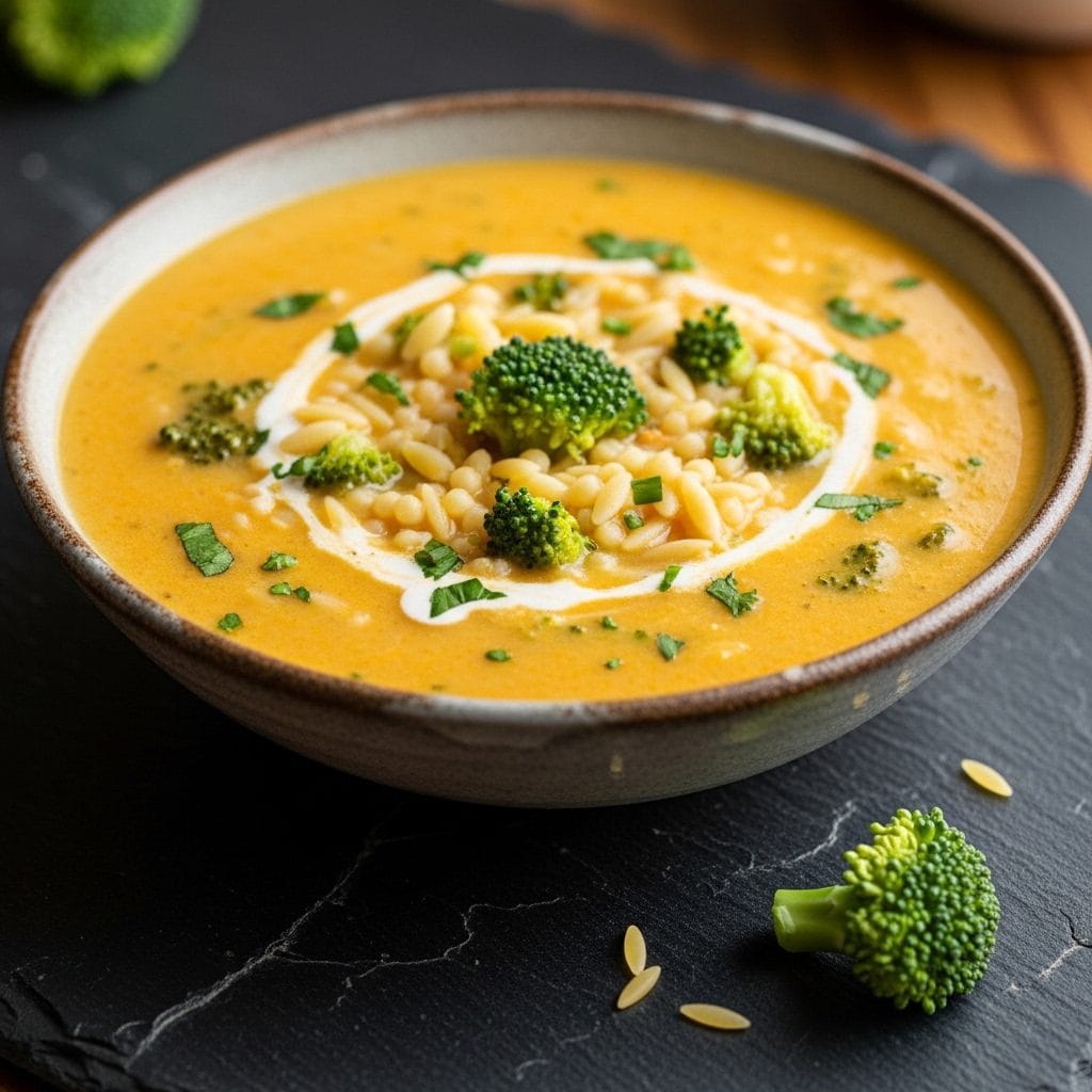 Creamy Broccoli Cheddar Orzo Soup