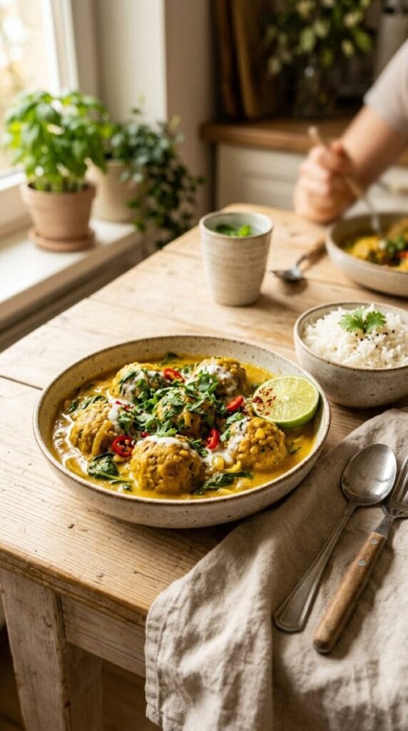Vegan Lentil Dumplings with Curry Sauce