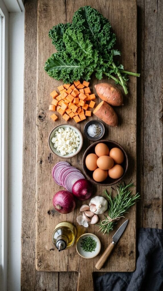 Irresistible Roasted Sweet Potato, Kale and Feta Frittata