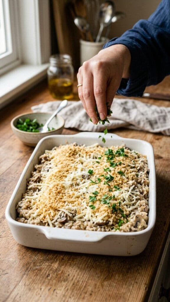 Irresistible Vegetarian Garlic Mushroom Rice Casserole