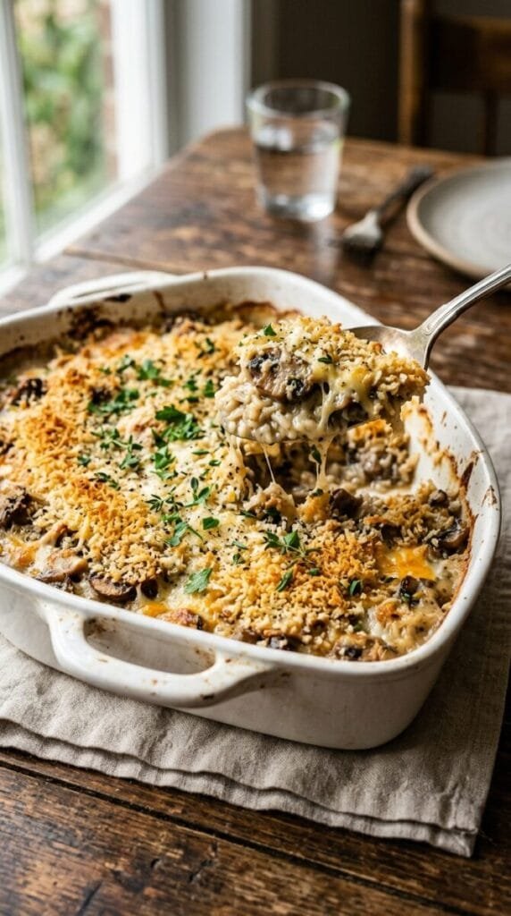 Irresistible Vegetarian Garlic Mushroom Rice Casserole