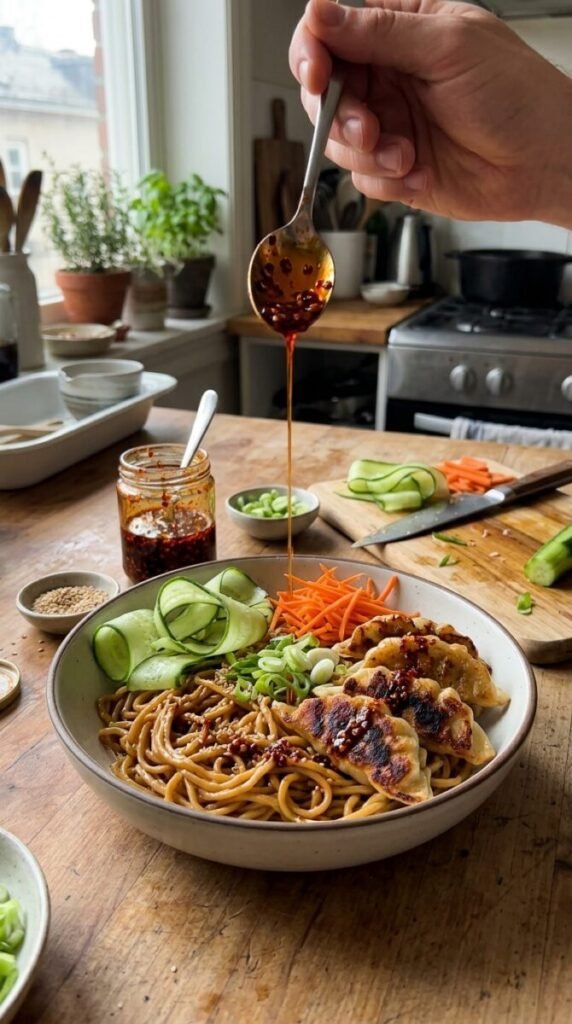 Chinese Delicious Potsticker Noodle Bowl Recipe