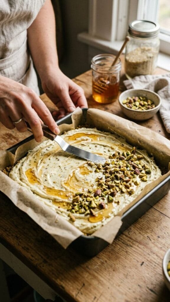 Greek Honey Pistachio Cheesecake Bars