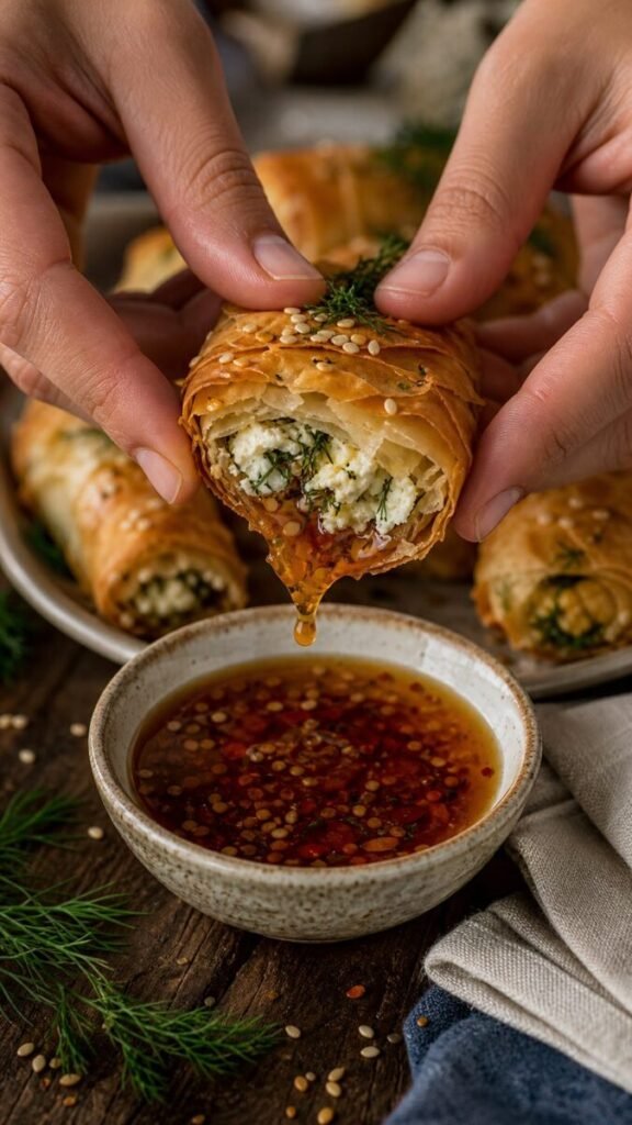 Oven Fried Feta Rolls With Chili Honey