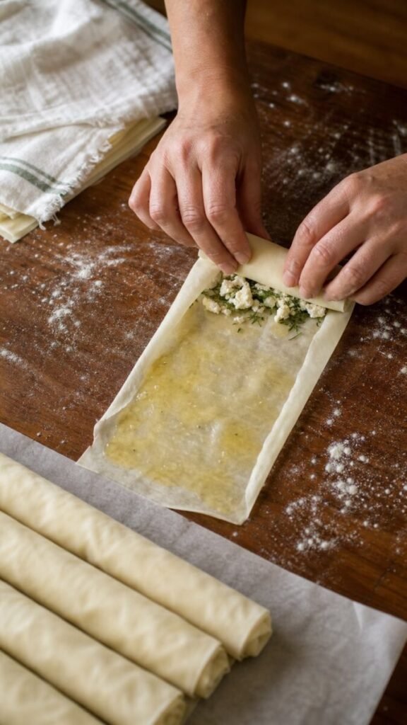 Oven Fried Feta Rolls With Chili Honey